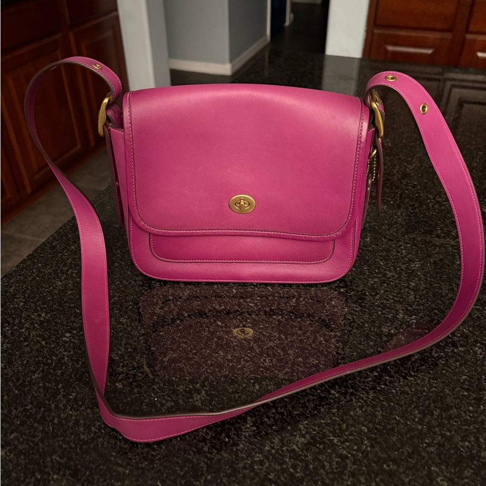 Coach Fuchsia Hibiscus Leather Crossbody 89127 with Gold-Tone Hardware Pink